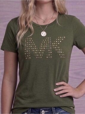 Michael Kors Gold Studded Logo Tee Size M Olive Green Short Sleeve Cotton Top
